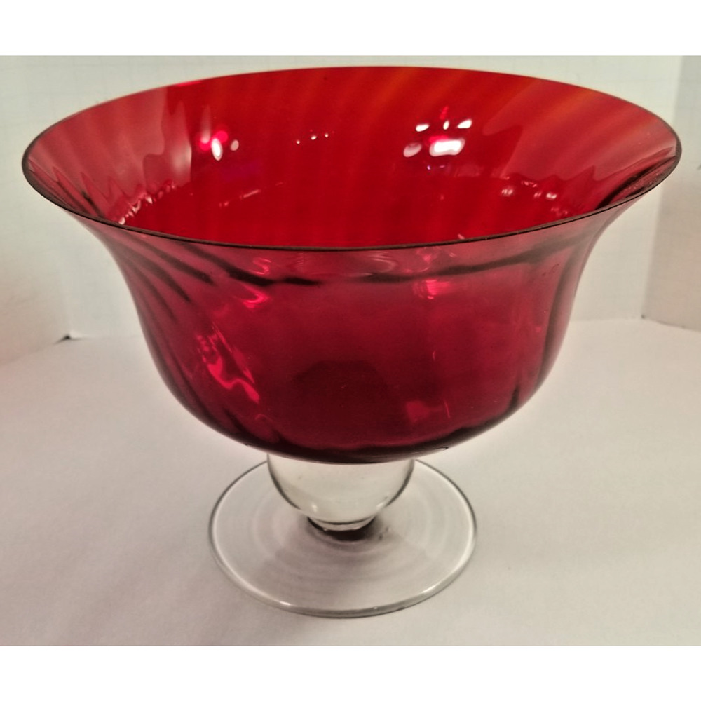 Vtg Ruby Red Large Hand Blown Glass Footed Pedestal Compote Candy Bowl